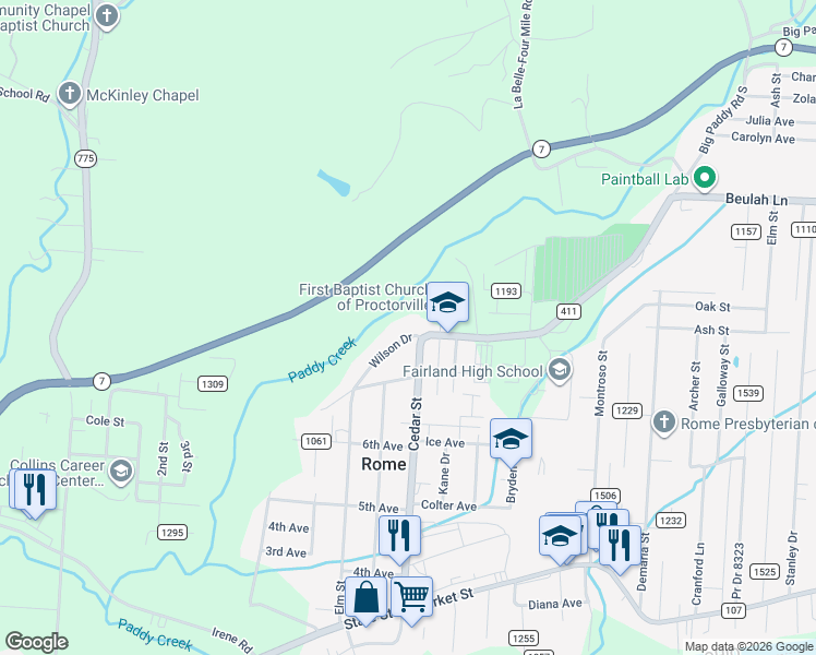 map of restaurants, bars, coffee shops, grocery stores, and more near 110 Township Road 1206 in Proctorville