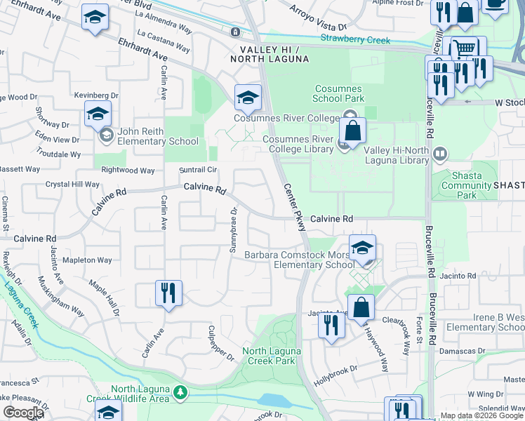 map of restaurants, bars, coffee shops, grocery stores, and more near 6450 Calvine Road in Sacramento