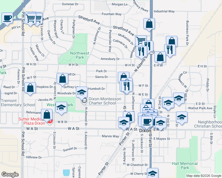 map of restaurants, bars, coffee shops, grocery stores, and more near 588 Trinity Court in Dixon