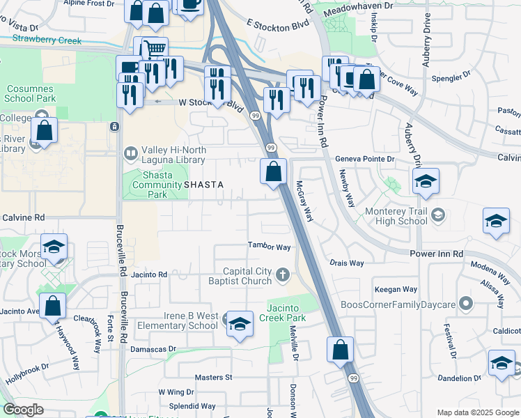 map of restaurants, bars, coffee shops, grocery stores, and more near 7921 Marla Way in Elk Grove