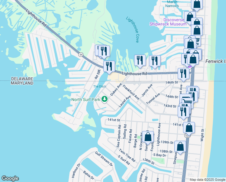 map of restaurants, bars, coffee shops, grocery stores, and more near 14109 Dukes Avenue in Ocean City