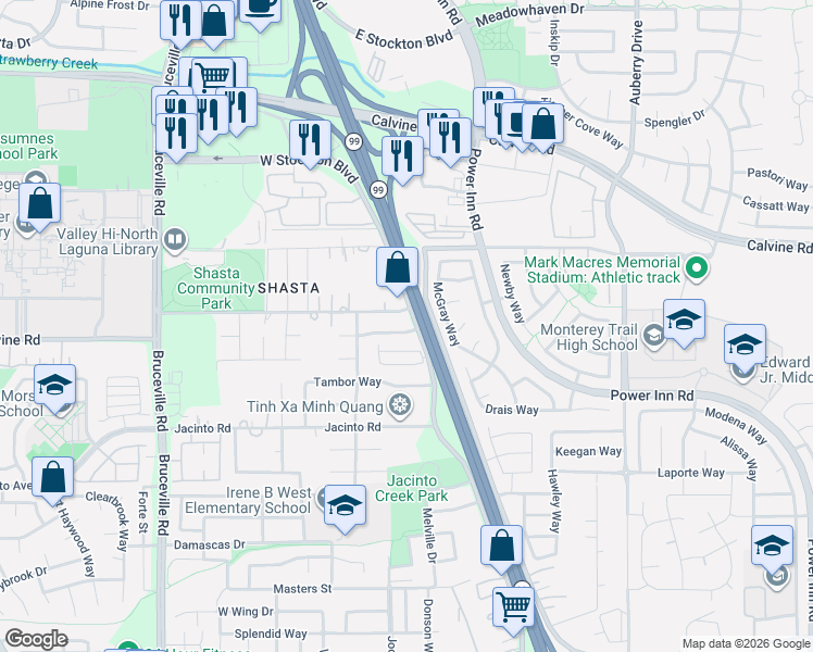 map of restaurants, bars, coffee shops, grocery stores, and more near 7951 Marla Way in Elk Grove