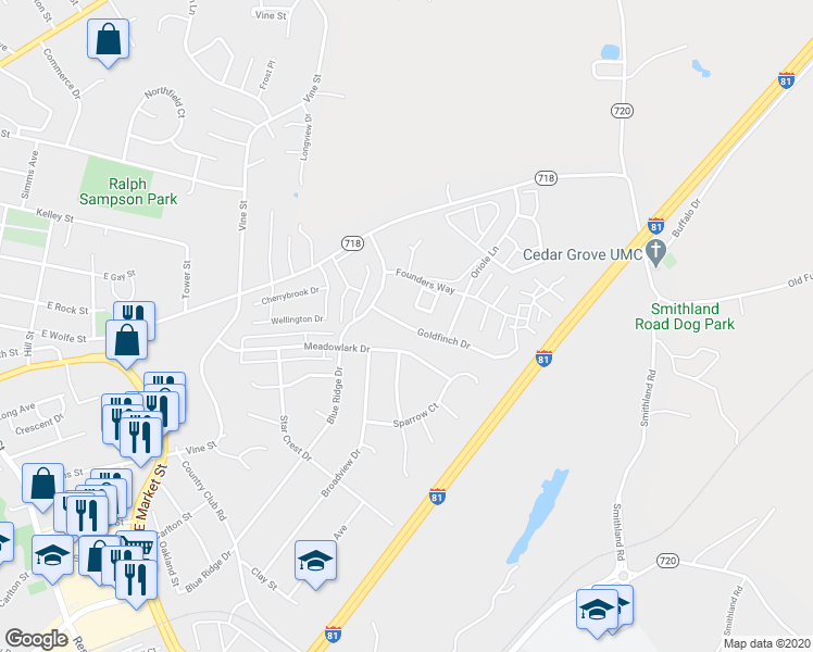 map of restaurants, bars, coffee shops, grocery stores, and more near 1246 Goldfinch Drive in Harrisonburg
