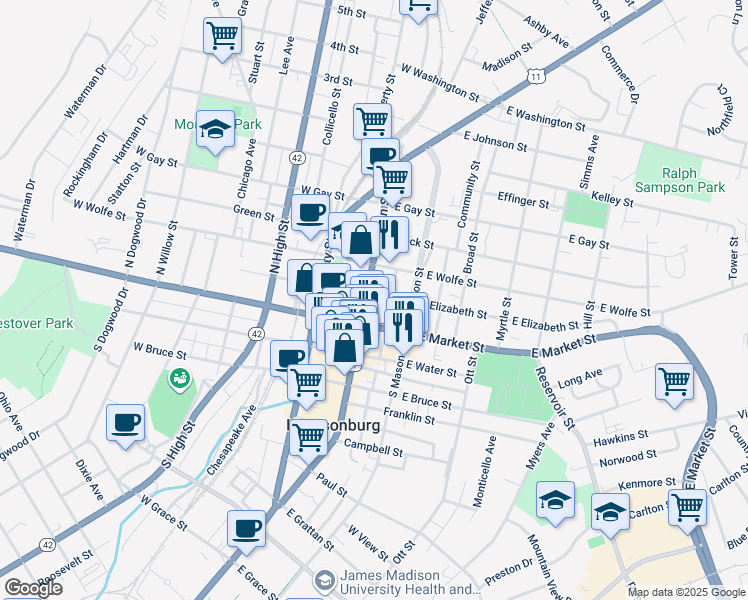 map of restaurants, bars, coffee shops, grocery stores, and more near in Harrisonburg