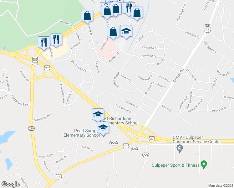 map of restaurants, bars, coffee shops, grocery stores, and more near 133 Elizabeth Street in Culpeper