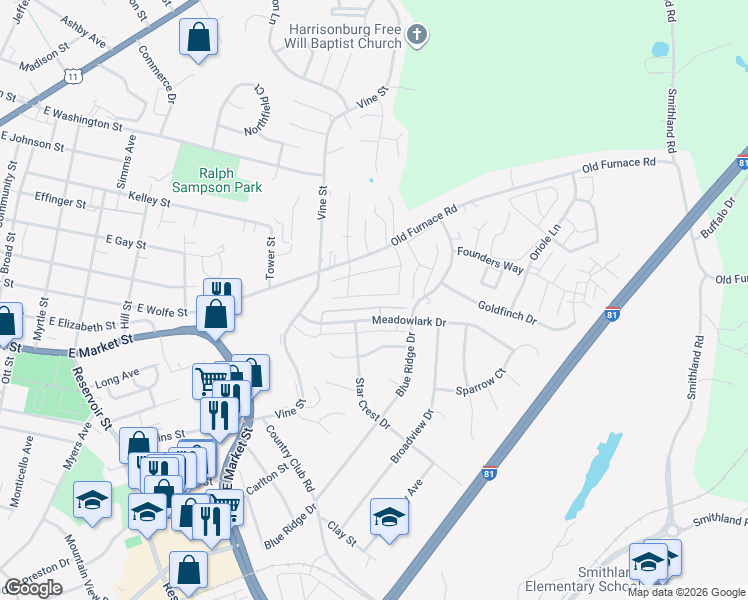 map of restaurants, bars, coffee shops, grocery stores, and more near 1057 Wellington Drive in Harrisonburg