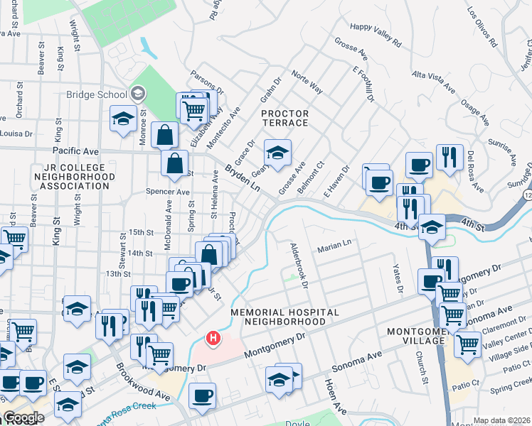 map of restaurants, bars, coffee shops, grocery stores, and more near 1741 4th Street in Santa Rosa