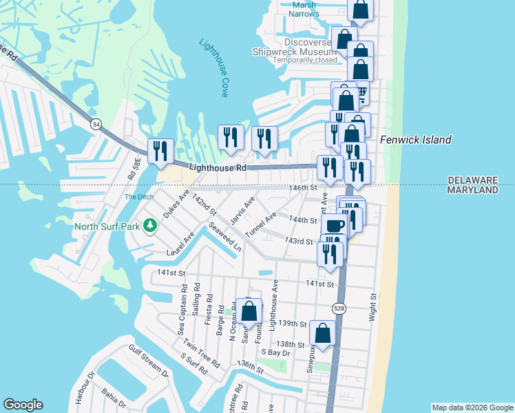 map of restaurants, bars, coffee shops, grocery stores, and more near 14400 McCabe Avenue in Ocean City