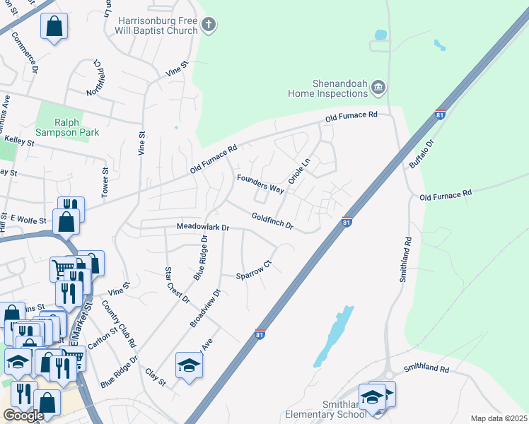 map of restaurants, bars, coffee shops, grocery stores, and more near 1261 Goldfinch Drive in Harrisonburg