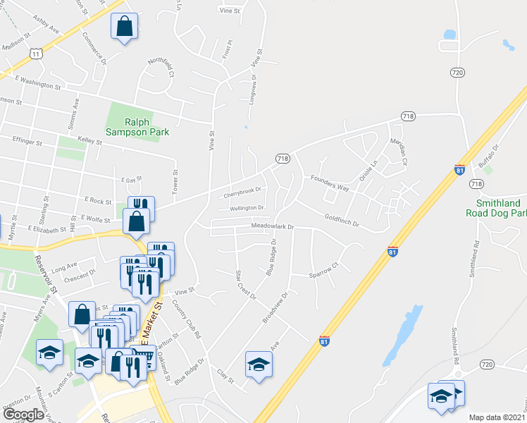 map of restaurants, bars, coffee shops, grocery stores, and more near 1057 Wellington Drive in Harrisonburg