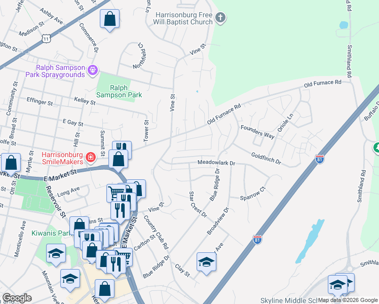 map of restaurants, bars, coffee shops, grocery stores, and more near 1036 Meadowlark Drive in Harrisonburg