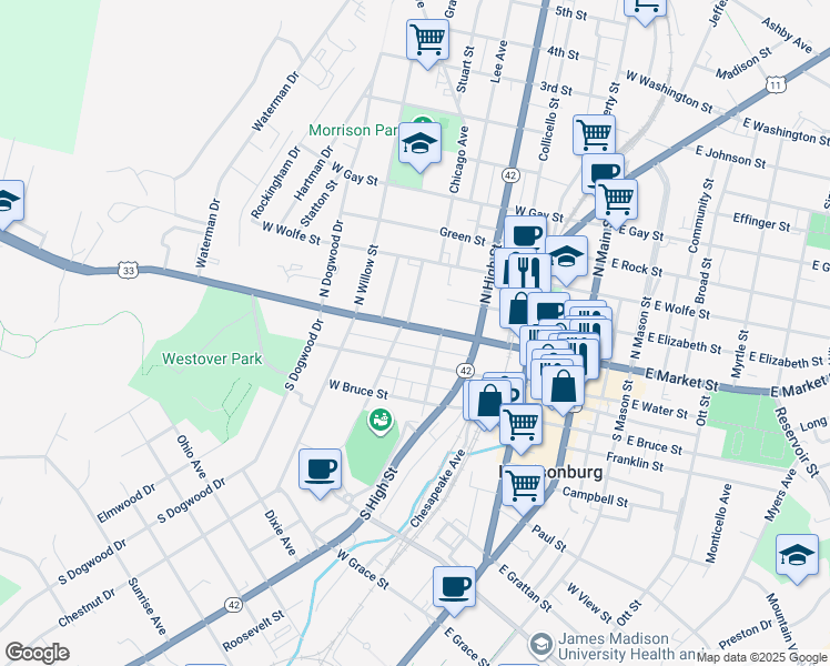 map of restaurants, bars, coffee shops, grocery stores, and more near 312 West Water Street in Harrisonburg