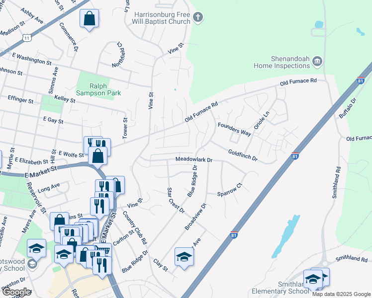 map of restaurants, bars, coffee shops, grocery stores, and more near 1079 Wellington Drive in Harrisonburg