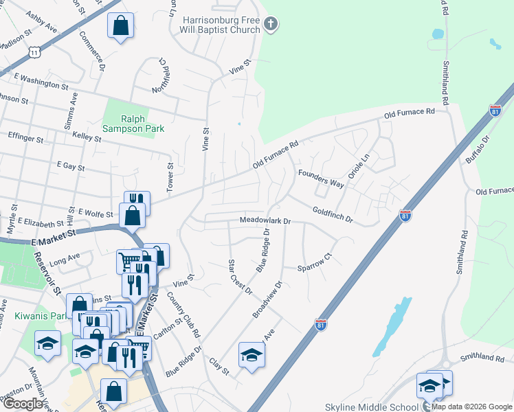 map of restaurants, bars, coffee shops, grocery stores, and more near 1057 Wellington Drive in Harrisonburg