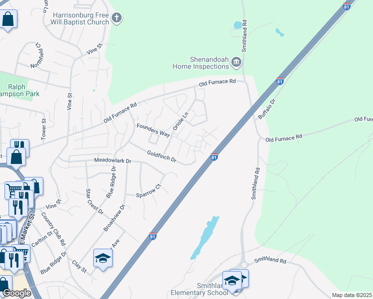 map of restaurants, bars, coffee shops, grocery stores, and more near 1312 Goldfinch Drive in Harrisonburg