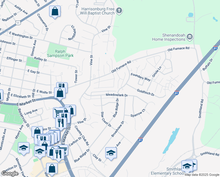map of restaurants, bars, coffee shops, grocery stores, and more near 1071 Wellington Drive in Harrisonburg