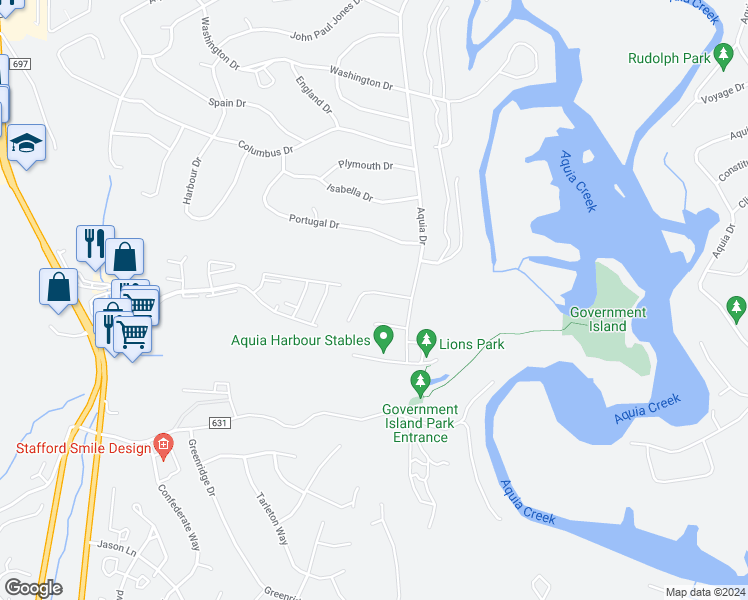 map of restaurants, bars, coffee shops, grocery stores, and more near 108 Pilgrim Cove in Stafford