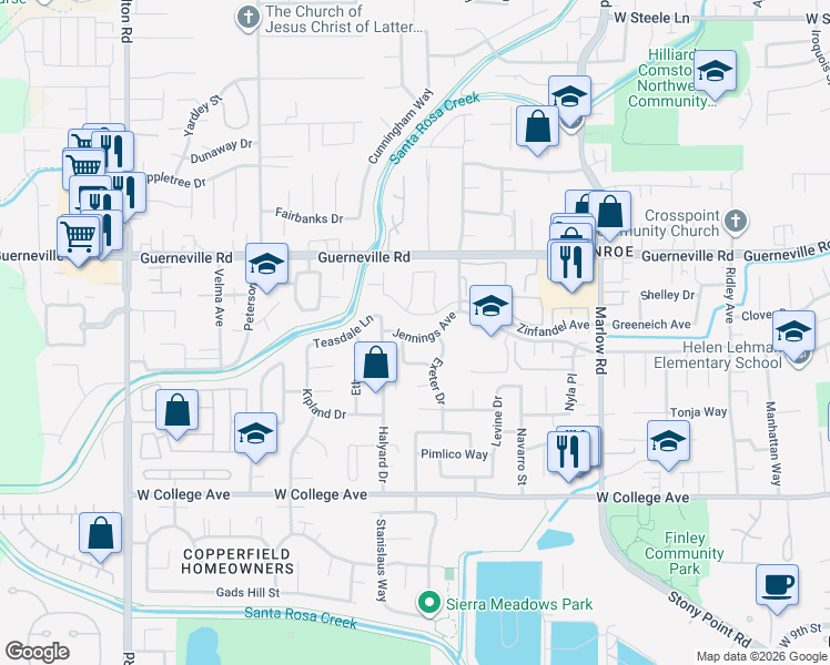 map of restaurants, bars, coffee shops, grocery stores, and more near 2331 Jennings Avenue in Santa Rosa