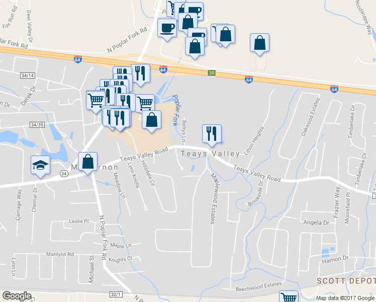 map of restaurants, bars, coffee shops, grocery stores, and more near in Teays Valley