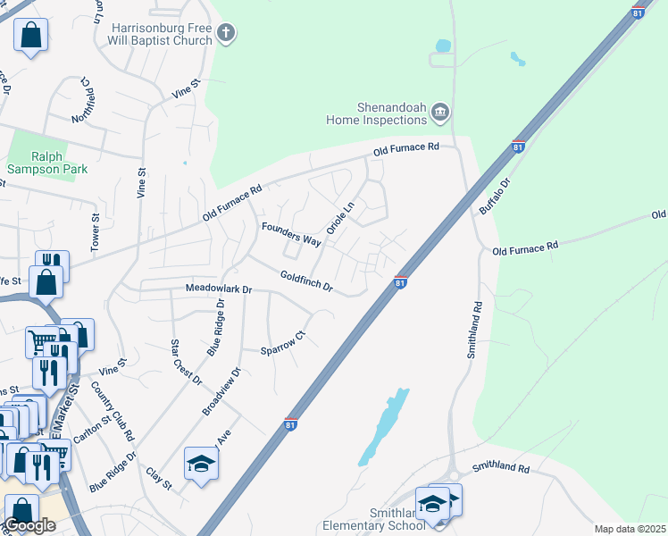 map of restaurants, bars, coffee shops, grocery stores, and more near 1038 Alexander Hamilton Lane in Harrisonburg