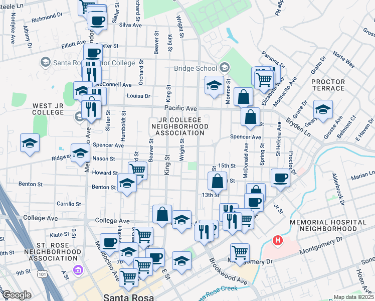 map of restaurants, bars, coffee shops, grocery stores, and more near 1046 Gaddis Court in Santa Rosa