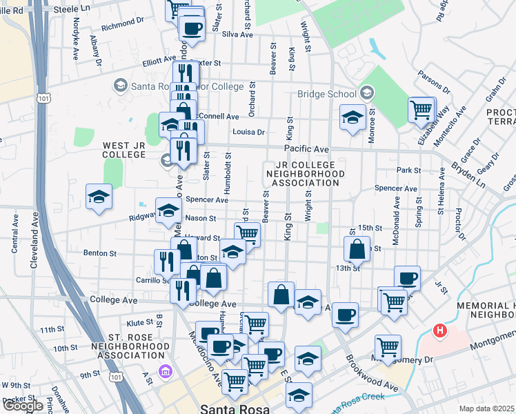 map of restaurants, bars, coffee shops, grocery stores, and more near 1120 Beaver Street in Santa Rosa