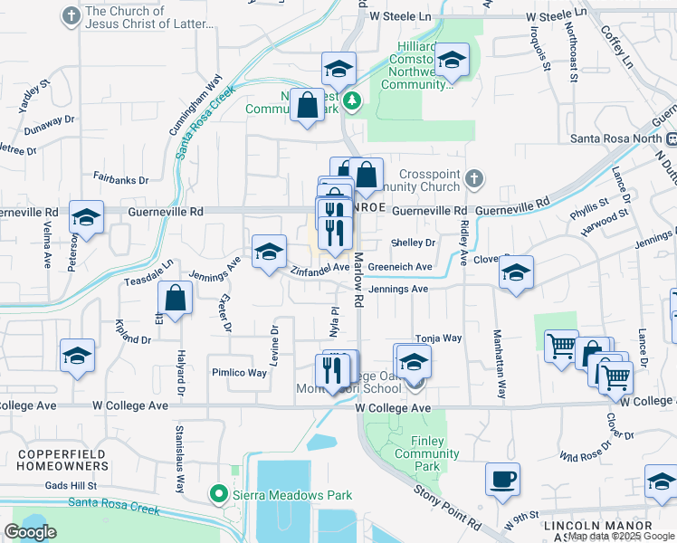 map of restaurants, bars, coffee shops, grocery stores, and more near 1941 Zinfandel Avenue in Santa Rosa
