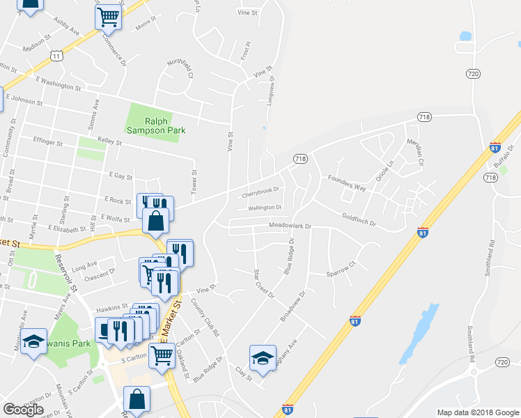 map of restaurants, bars, coffee shops, grocery stores, and more near Wellington Drive in Harrisonburg