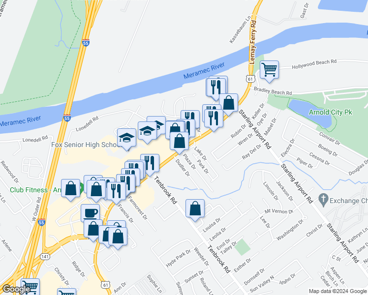 map of restaurants, bars, coffee shops, grocery stores, and more near in Arnold