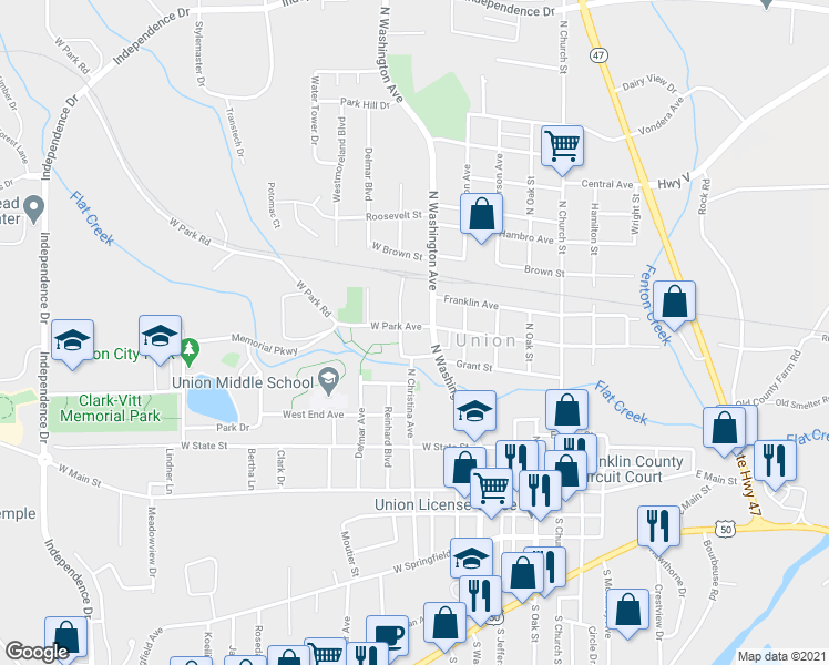 map of restaurants, bars, coffee shops, grocery stores, and more near 615 North Washington Avenue in Union