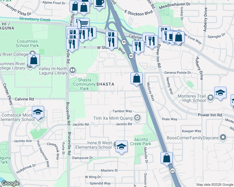 map of restaurants, bars, coffee shops, grocery stores, and more near 7900 Shasta Avenue in Elk Grove