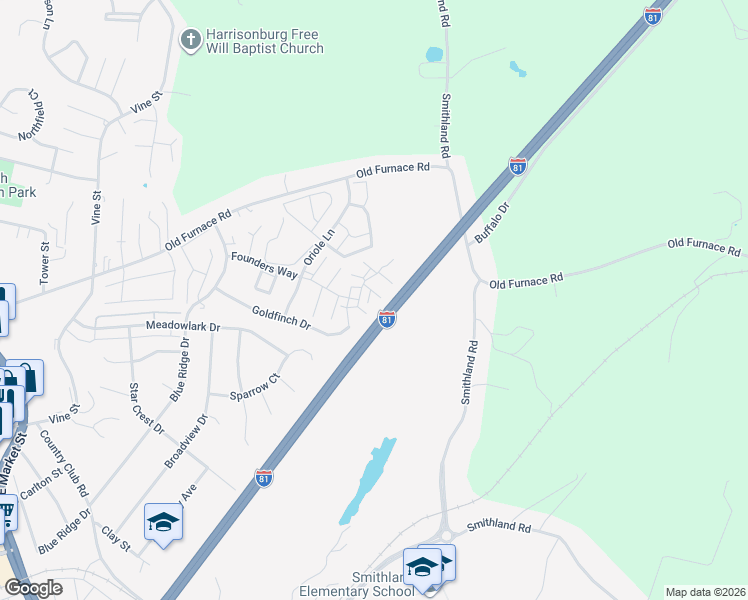map of restaurants, bars, coffee shops, grocery stores, and more near 1055 John Paul Jones Lane in Harrisonburg