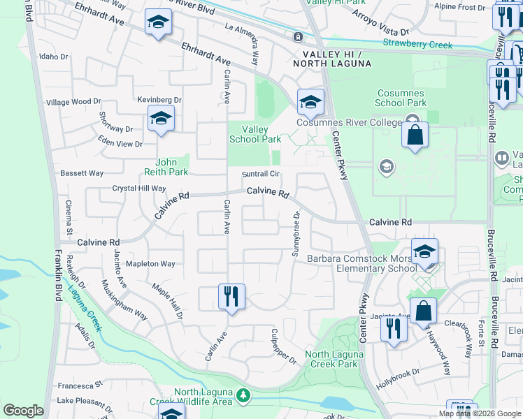 map of restaurants, bars, coffee shops, grocery stores, and more near 6110 Calvine Road in Sacramento