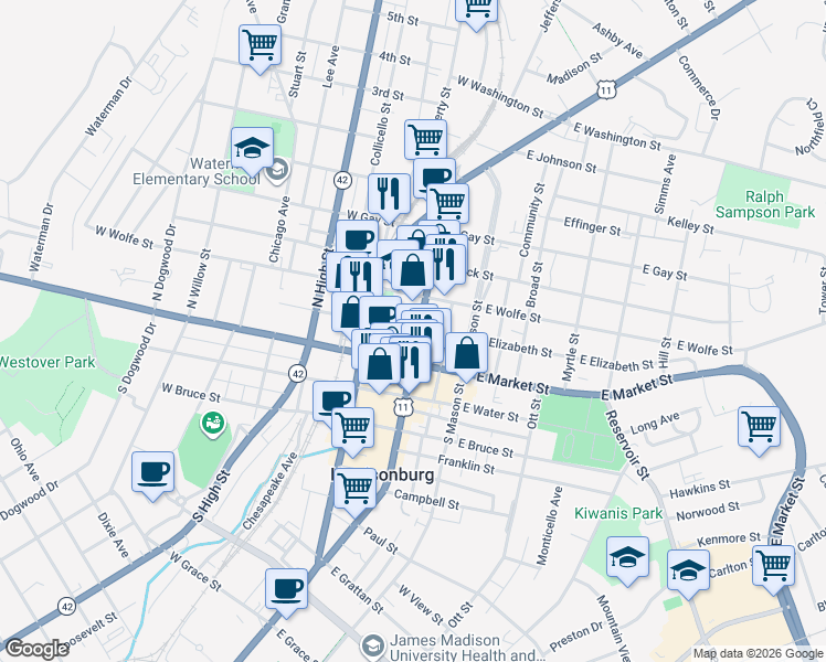 map of restaurants, bars, coffee shops, grocery stores, and more near 157 North Main Street in Harrisonburg