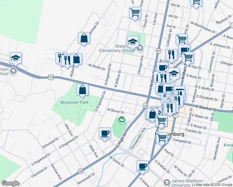 map of restaurants, bars, coffee shops, grocery stores, and more near 463 West Market Street in Harrisonburg