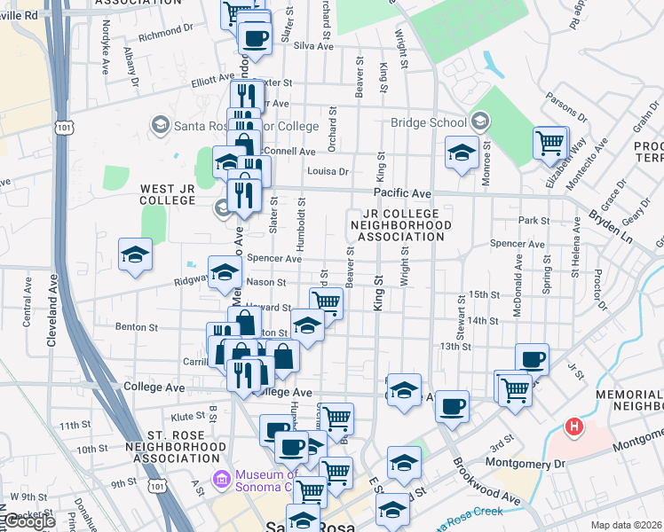 map of restaurants, bars, coffee shops, grocery stores, and more near 806 Spencer Avenue in Santa Rosa