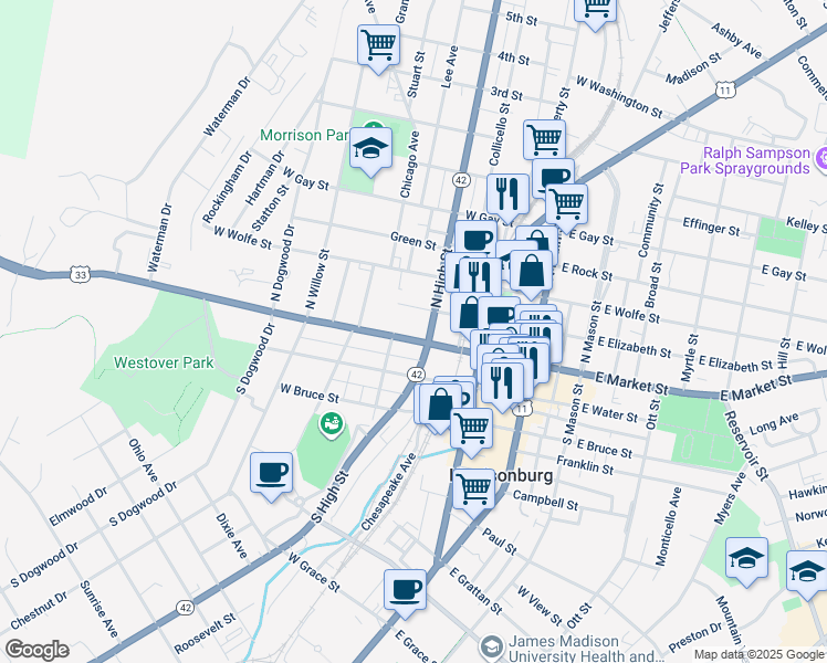 map of restaurants, bars, coffee shops, grocery stores, and more near 254 West Market Street in Harrisonburg