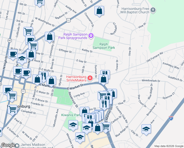 map of restaurants, bars, coffee shops, grocery stores, and more near 341 Summit Street in Harrisonburg