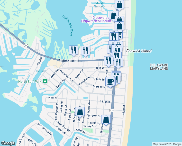 map of restaurants, bars, coffee shops, grocery stores, and more near 14405 Tunnel Avenue in Ocean City