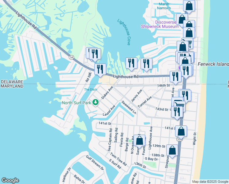 map of restaurants, bars, coffee shops, grocery stores, and more near 710 142nd Street in Ocean City