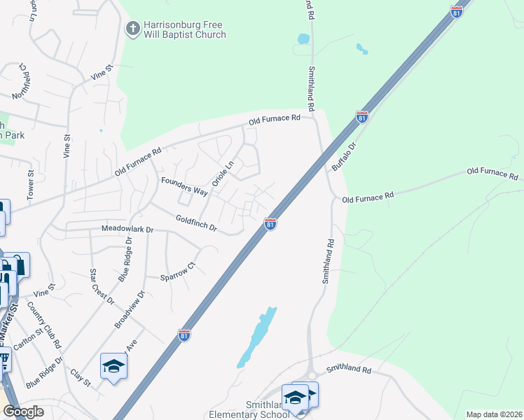 map of restaurants, bars, coffee shops, grocery stores, and more near 1055 John Paul Jones Lane in Harrisonburg