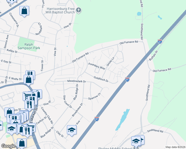 map of restaurants, bars, coffee shops, grocery stores, and more near 1204 Goldfinch Drive in Harrisonburg