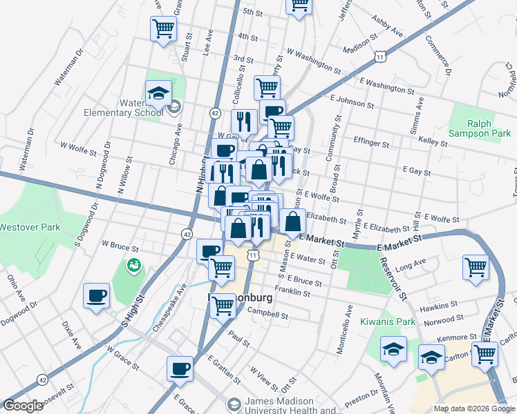 map of restaurants, bars, coffee shops, grocery stores, and more near 157 North Main Street in Harrisonburg