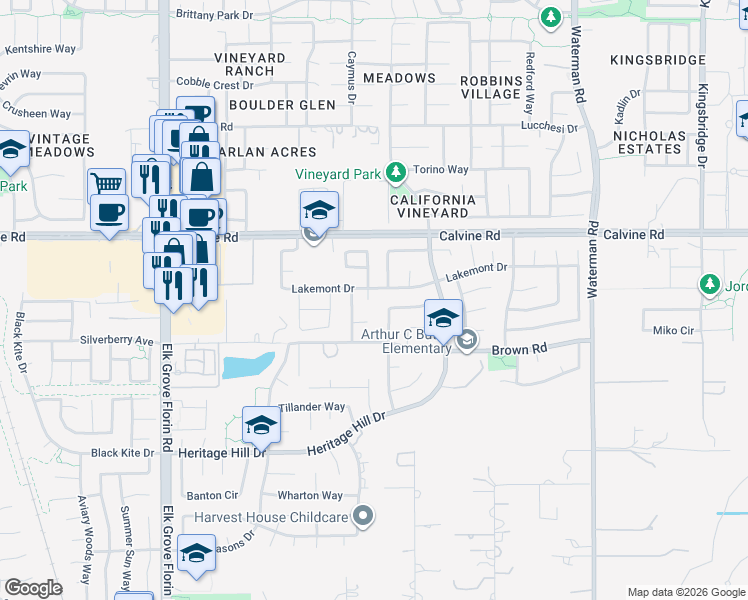 map of restaurants, bars, coffee shops, grocery stores, and more near 9064 Bristol Plaza Way in Elk Grove