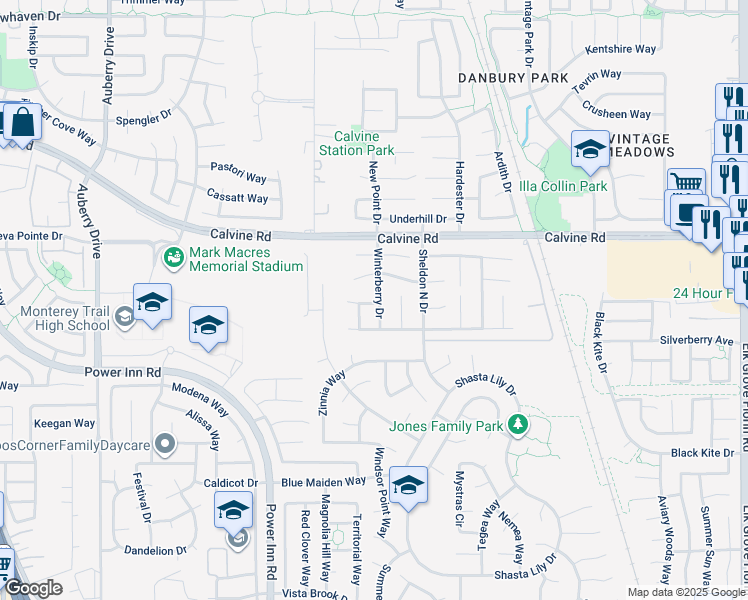 map of restaurants, bars, coffee shops, grocery stores, and more near 8458 Winterberry Drive in Elk Grove