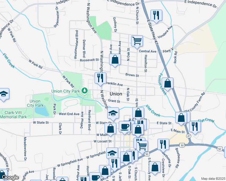 map of restaurants, bars, coffee shops, grocery stores, and more near 25 Franklin Avenue in Union