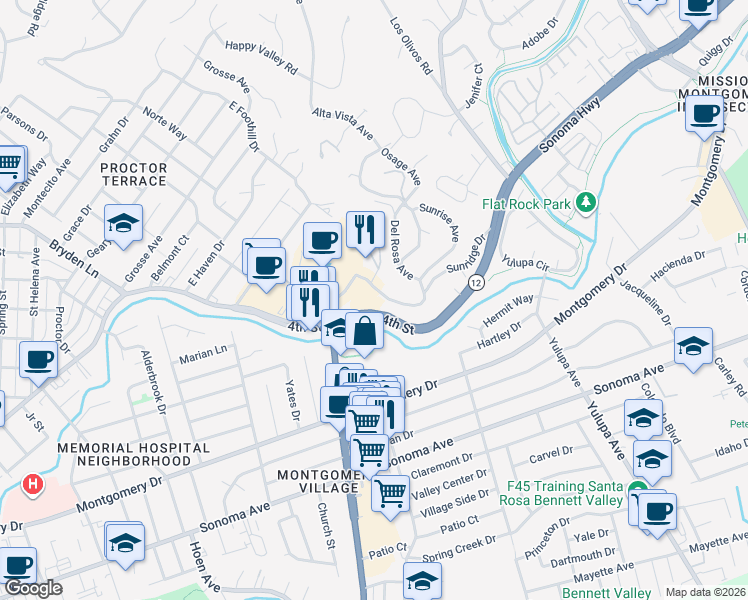 map of restaurants, bars, coffee shops, grocery stores, and more near 160 Alice Street in Santa Rosa