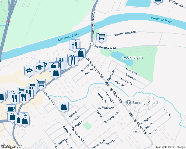 map of restaurants, bars, coffee shops, grocery stores, and more near 508 Wren Drive in Arnold