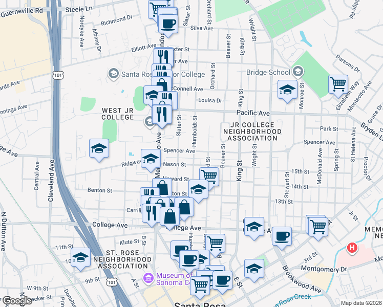 map of restaurants, bars, coffee shops, grocery stores, and more near 1117 Humboldt Street in Santa Rosa