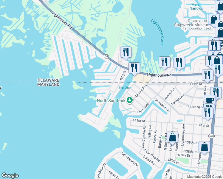 map of restaurants, bars, coffee shops, grocery stores, and more near 13031 Hayes Avenue in Ocean City